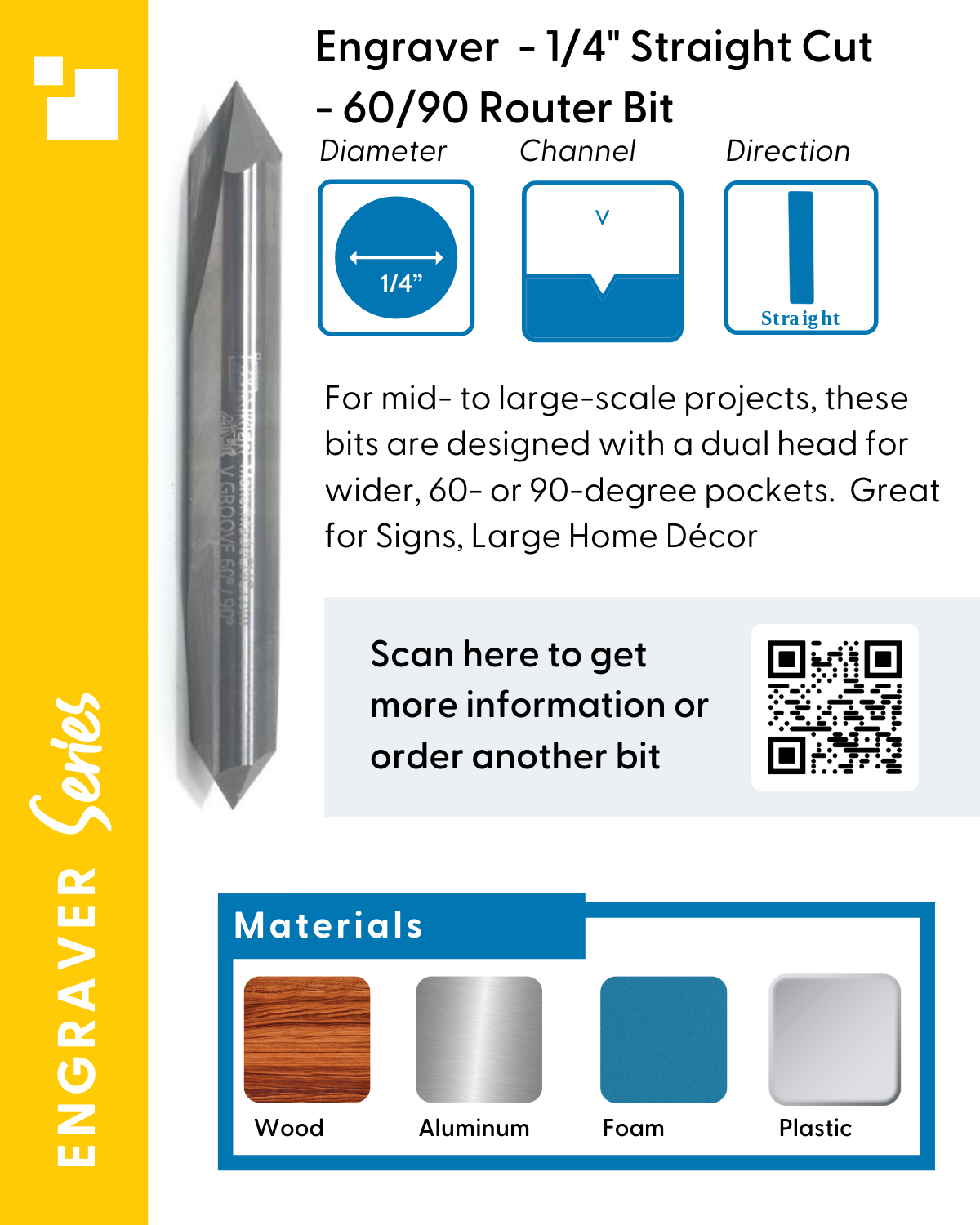 MakerMade Tip 1/4" Straight Cut - 60/90 Router Bit